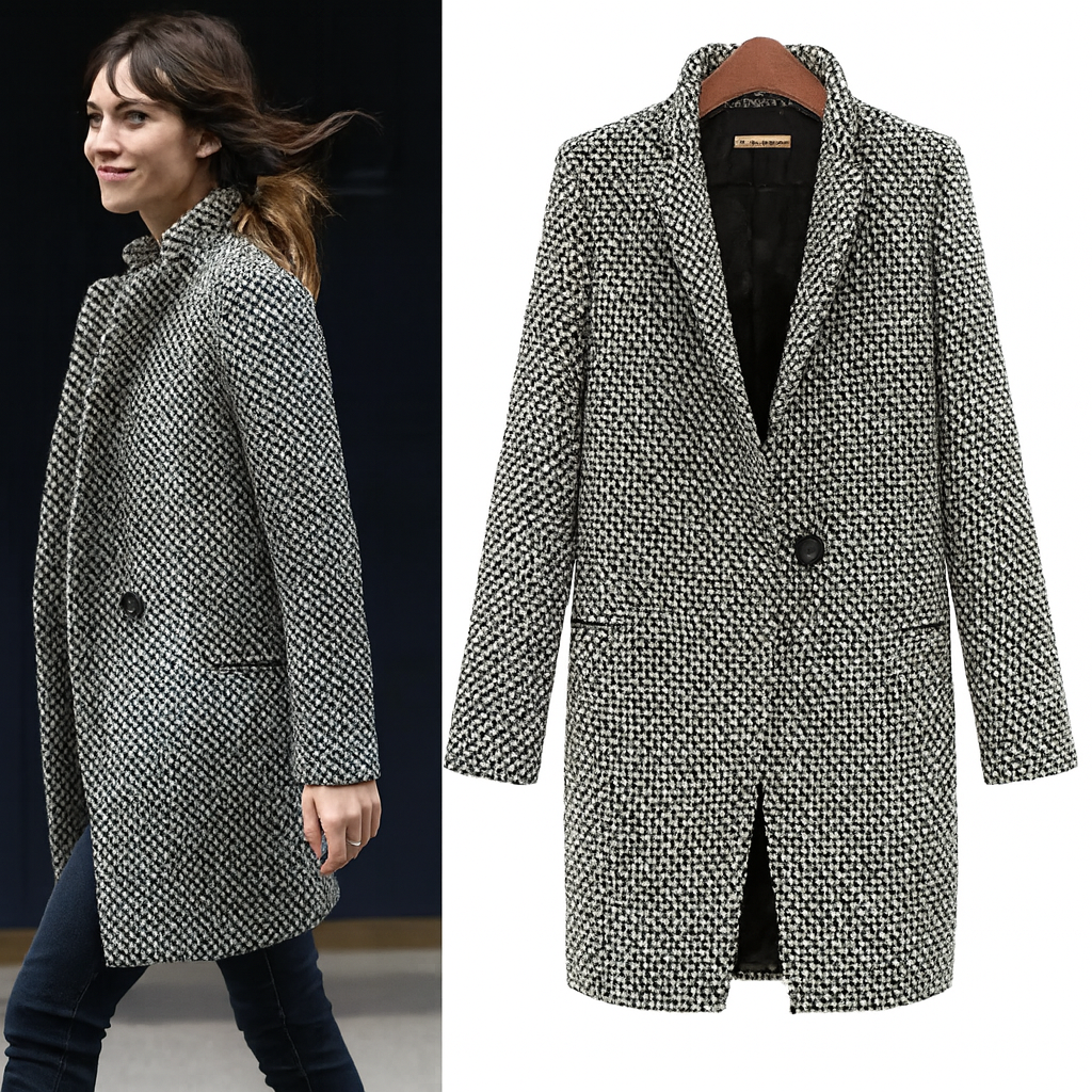 Manteau élégant et chaud Fr917 Danoir Paris en noir et blanc, porté par un mannequin, style sophistiqué et moderne.