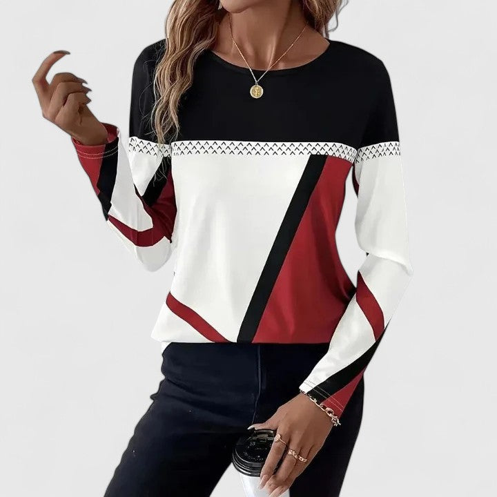 Top graphique moderne Lena en FR925 de Danoir Paris, couleur rouge, détail élégant et design contemporain visible sur l'image.