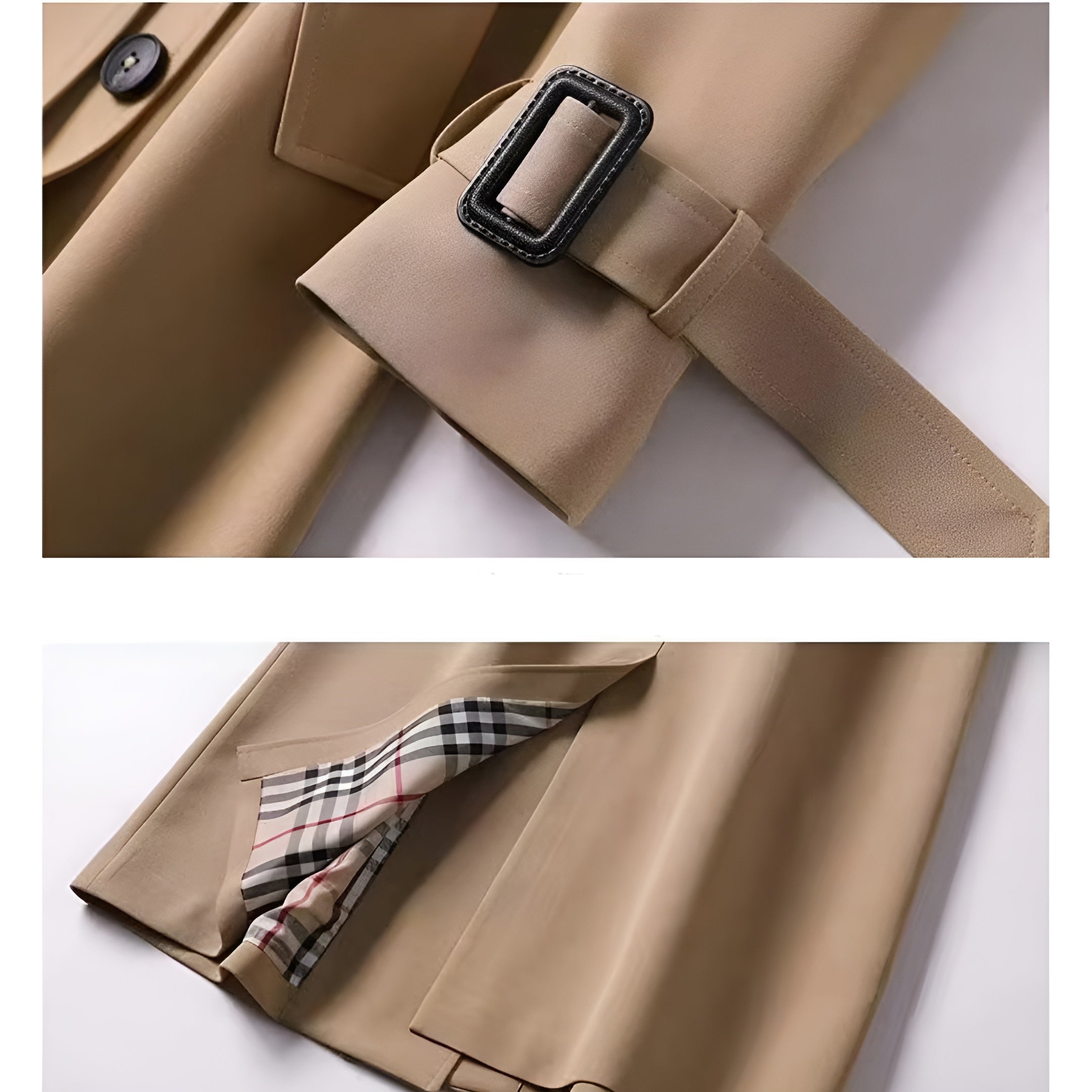 Trench-coat automnal beige Danoir Paris Helena, élégant, en tissu léger, avec ceinture et col classique.