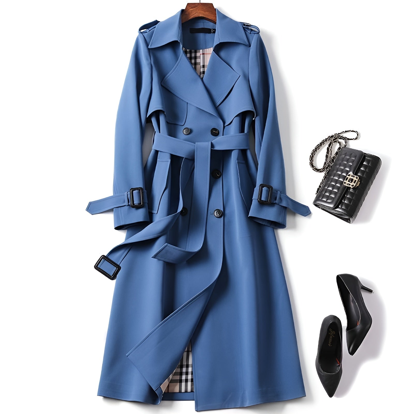 Trench-coat élégant automnal Danoir Paris Helena FR928 beige, coupe sophistiquée, porté sur mannequin, détails de couture visibles.