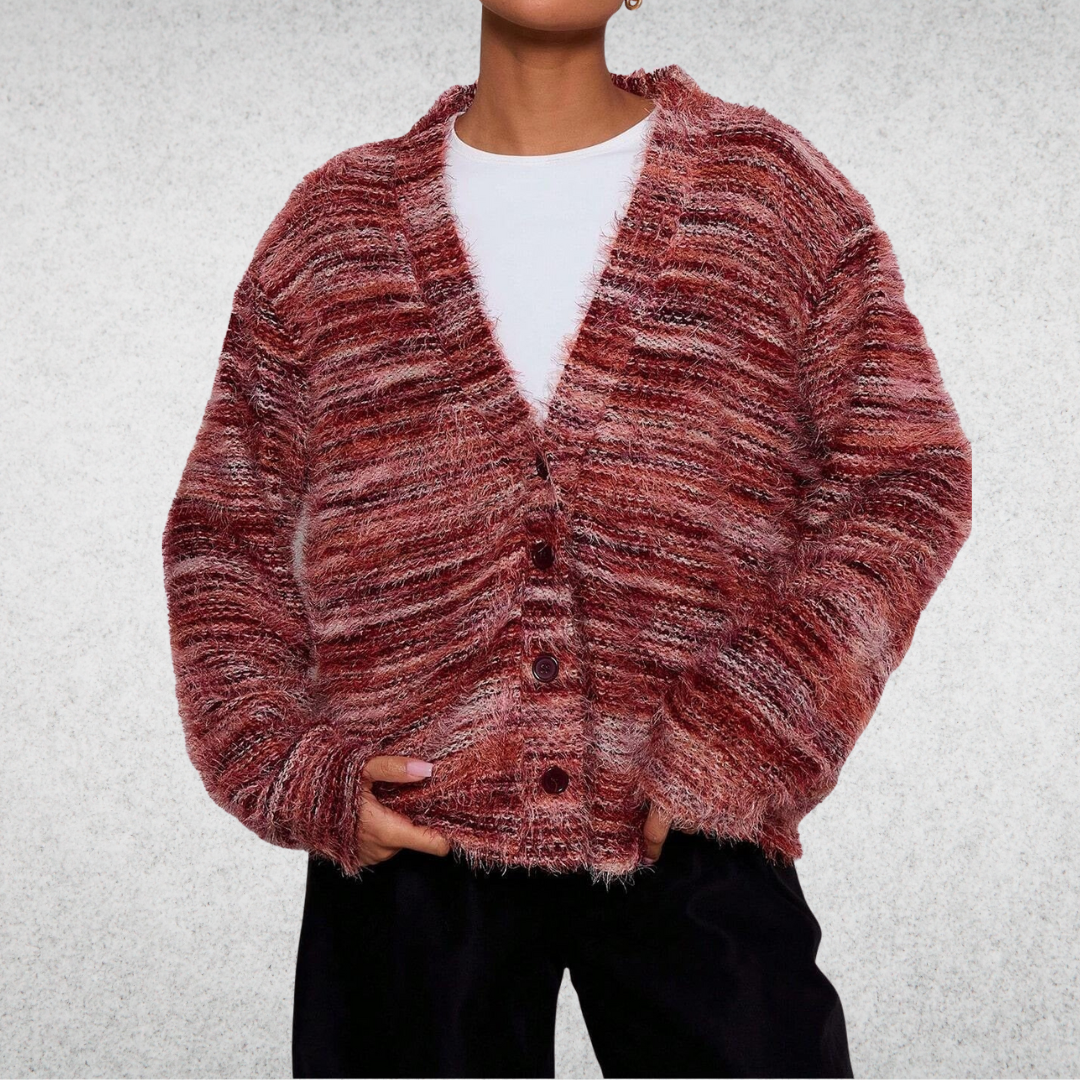 Gilet multicolore décontracté Mona de la marque Danoir Paris, en tissu orange, taille S, porté de manière décontractée.