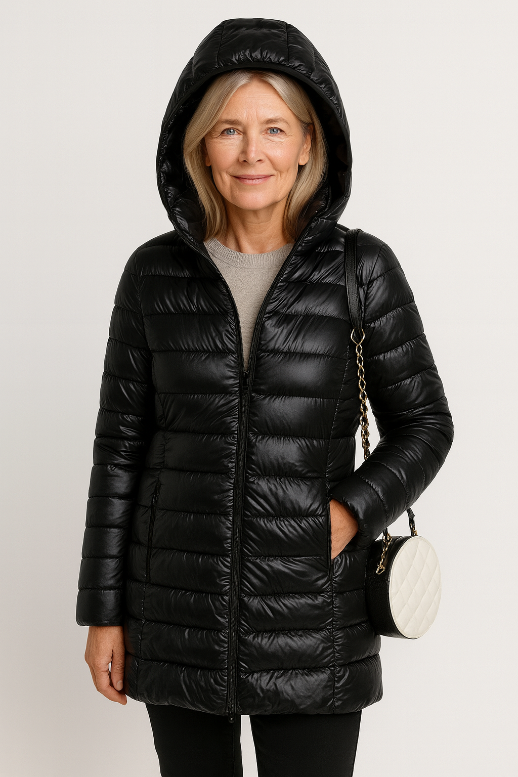 Veste ultra légère Aurora de Danoir Paris, élégante en bleu, pour femme, vue de face, style sophistiqué et finition soignée