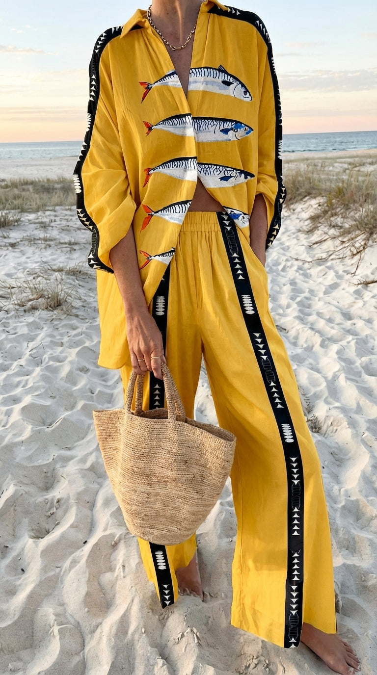 Ensemble coloré Kaia™ de Danoir Paris, vêtement assorti avec motifs colorés, porté sur un mannequin.