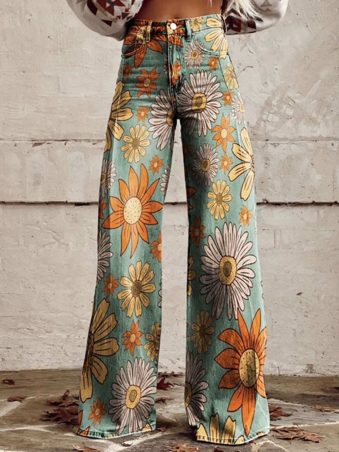 Pantaloni palazzo floreali Cirilla de Danoir Paris en tissu léger jaune avec motif floral, taille S 36-38, vue de face