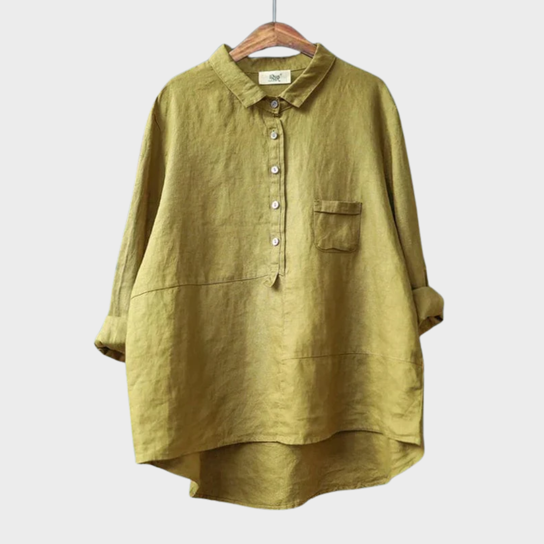 Blouse en lin léger Danoir Paris Elvie, style élégant pour l'été, couleur jaune, manches courtes et coupe fluide.