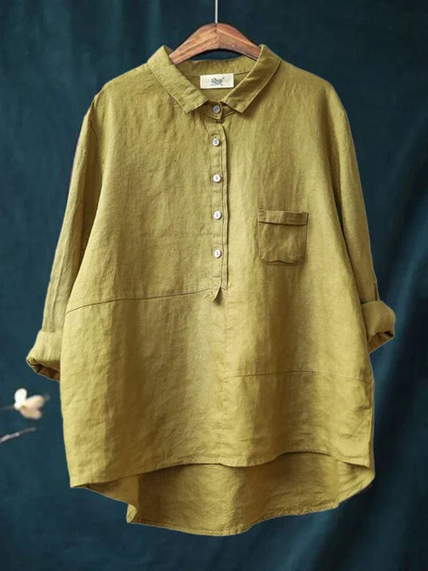 Blouse en lin léger Danoir Paris Elvie pour l'été, couleur jaune, coupe élégante avec décolleté en V et manches courtes.