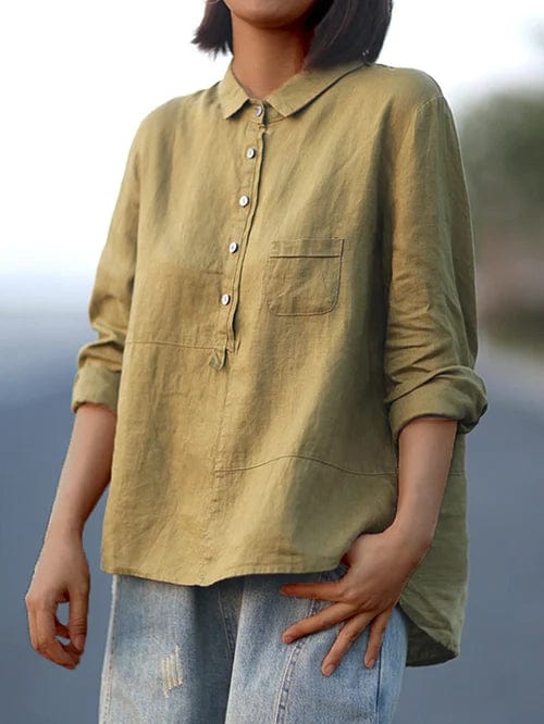 Blouse en lin léger Danoir Paris Elvie pour l'été, couleur jaune, style élégant avec col en V et manches courtes.