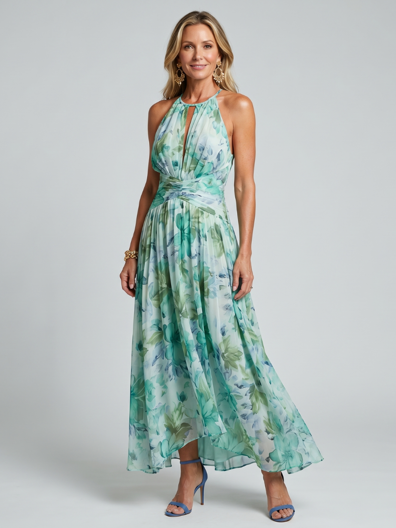 Robe longue plissée Portia de Danoir Paris, robe à col halter avec motif floral doux vert, style maxi élégant.