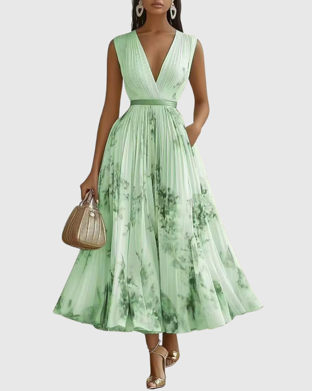 Robe longue plissée élégante Rowella de Danoir Paris en vert, vue de face, tissu fluide et design sophistiqué.
