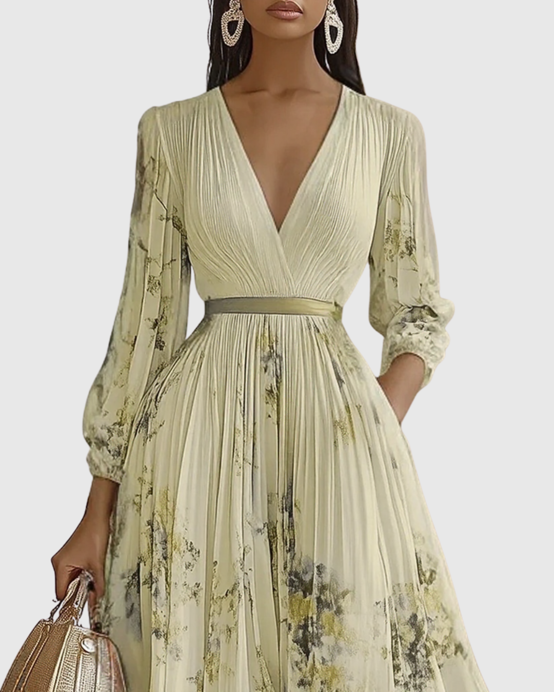 Robe longue plissée élégante Rowella de Danoir Paris, en tissu vert, portée sur mannequin.