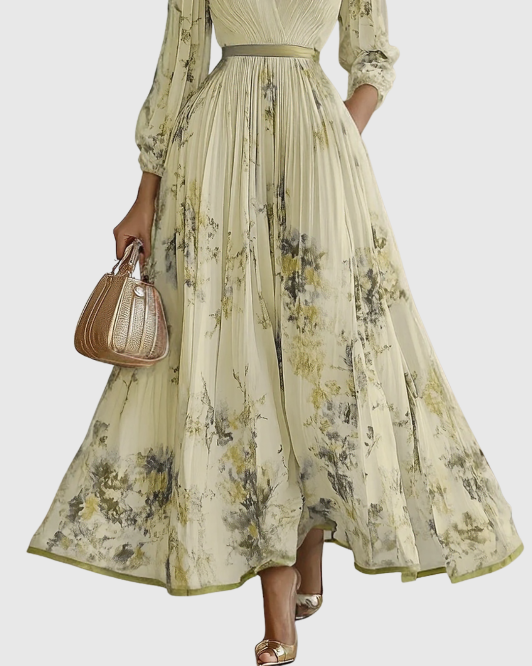Robe longue plissée élégante Rowella de Danoir Paris en vert, vue de face, tissu fluide et silhouette sophistiquée.