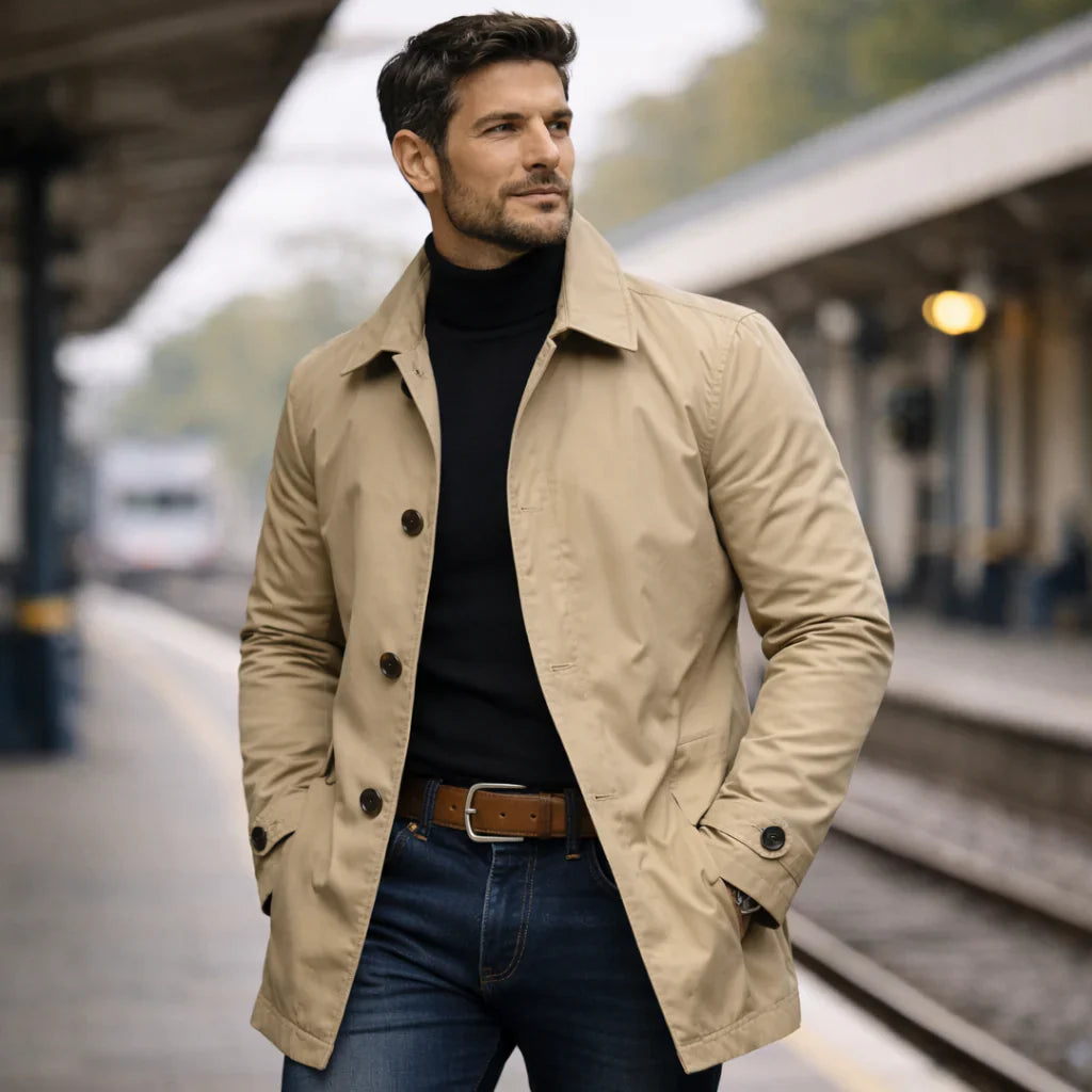 Vittorio, manteau mi-saison Danoir Paris gris, coupe élégante et détails modernes, porté sur un mannequin.