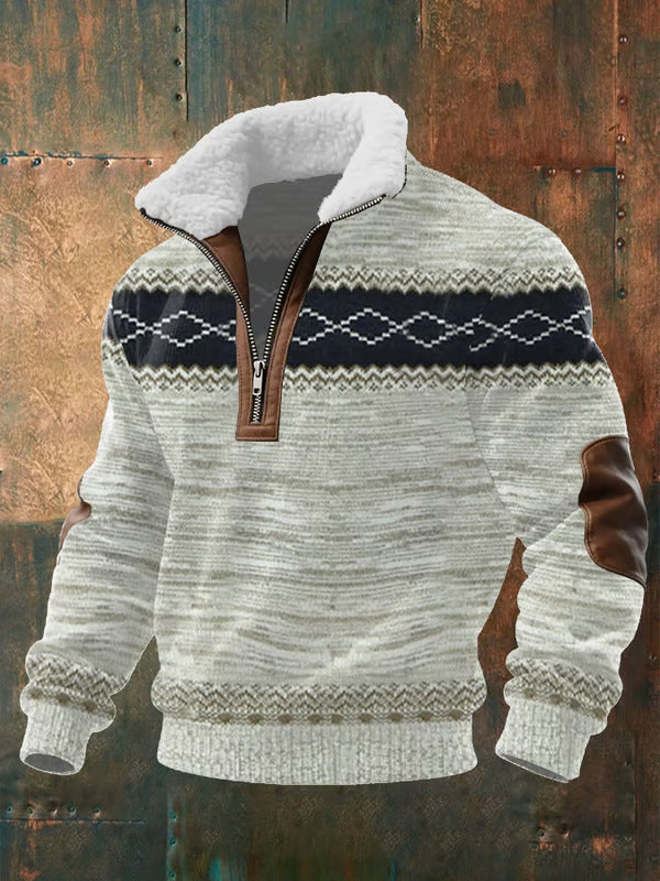 Pull zippé à col montant fourré Danoir Paris en gris avec bandes, confortable et chaud pour l'hiver.