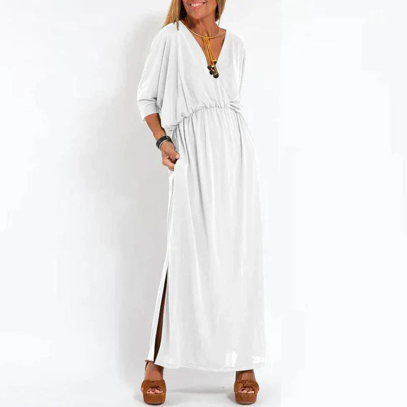Robe vintage longue gris clair Cosima de Danoir Paris, silhouette élégante et tissu fluide, idéale pour un style sophistiqué.