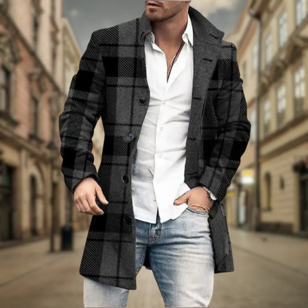 Manteau élégant pour homme Danoir Paris, gris classique, avec col et boutons, en tissu chaud et sophistiqué.