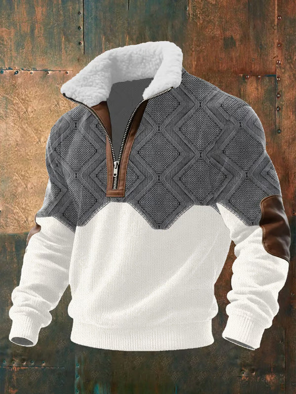 Pull zippé à col montant fourré Danoir Paris, gris et beige, pour homme, visible en détail sur l'image.