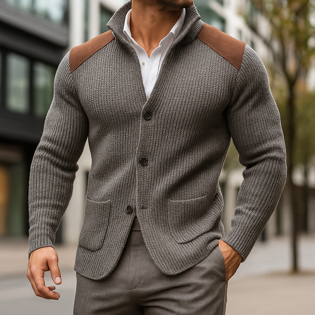 Blazer en maille texturée gris de Danoir Paris, veste élégante pour homme ou femme, détails visibles sur le tissu.