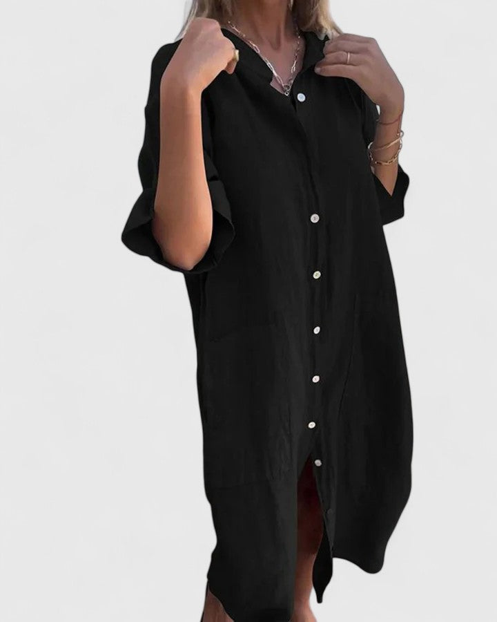 Robe en lin gris Marella par Danoir Paris, élégante et légère, portée sur un mannequin, vue de face.