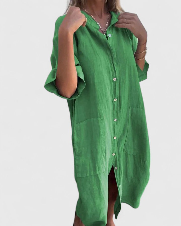 Robe en lin gris Marella par Danoir Paris, élégante et légère, portée sur un mannequin.