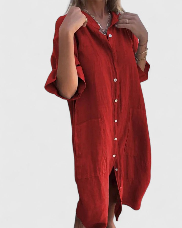 Robe en lin gris Marella de Danoir Paris, élégante avec coupe fluide et détails sophistiqués, portée sur mannequin.