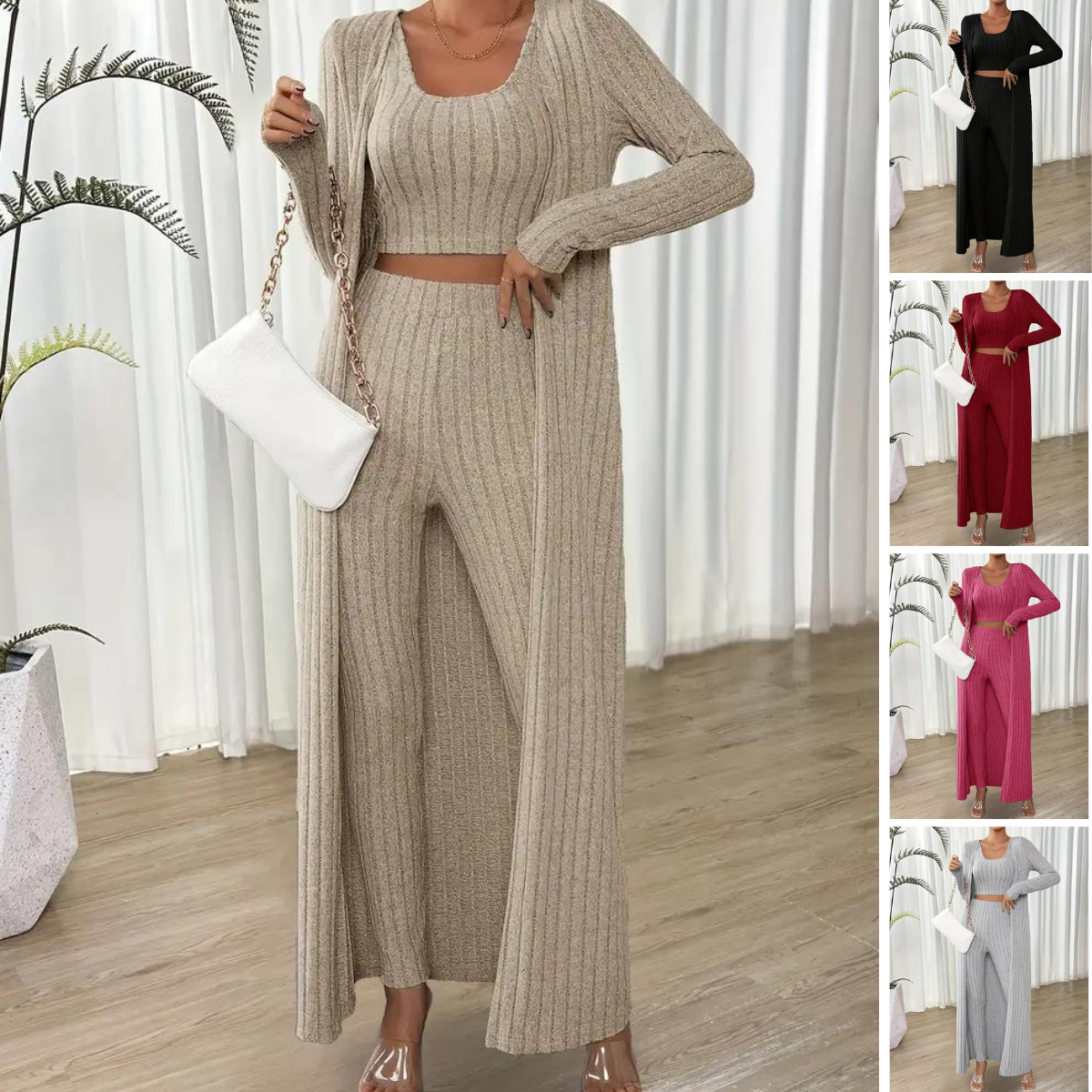 Ensemble côtelé gris Solène par Danoir Paris, costume chic avec haut et pantalon à la texture côtelée.