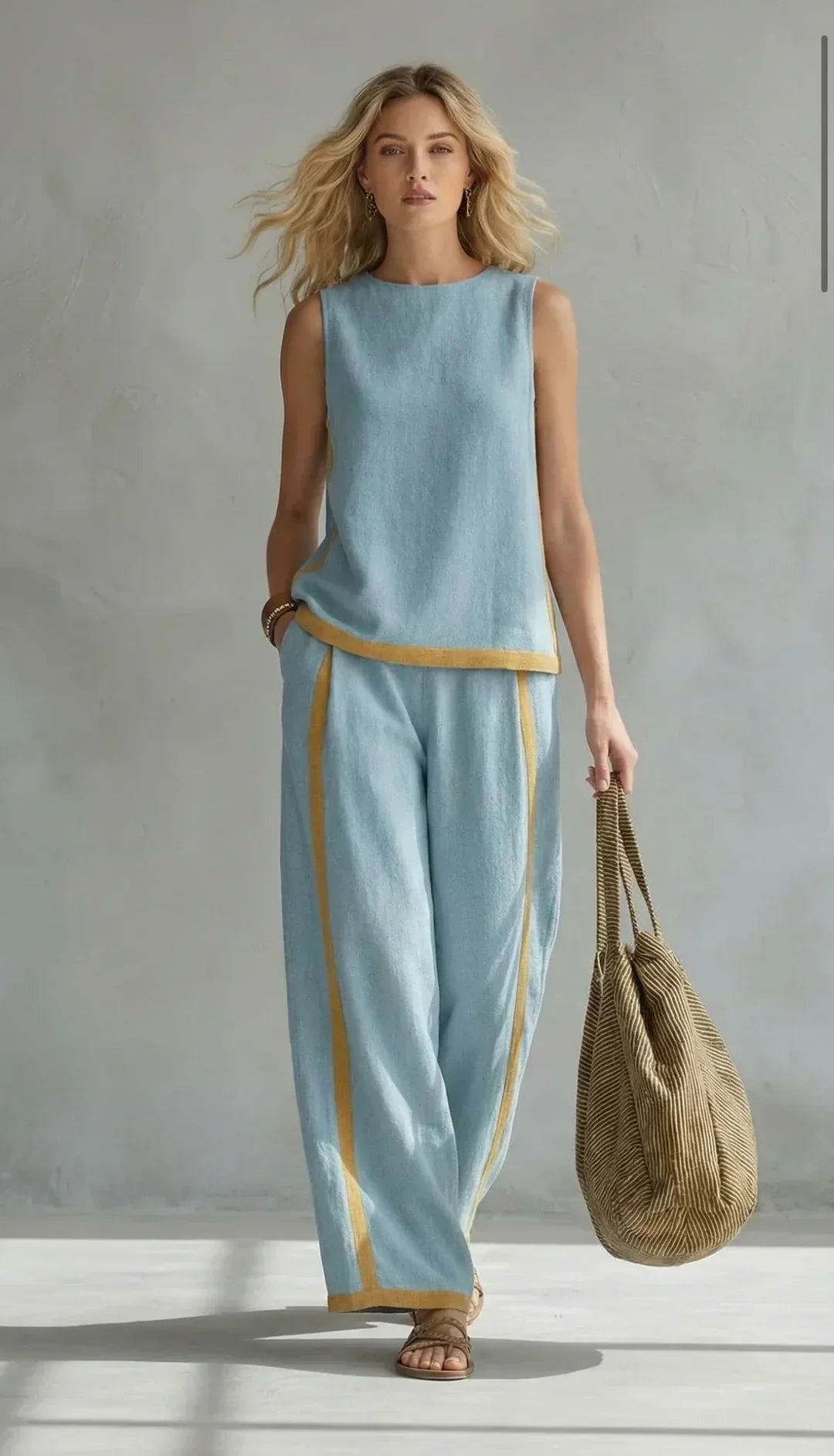 Ensemble Ursula Danoir Paris avec gilet et pantalon bicolores gris, style chic-décontracté, finitions soignées.