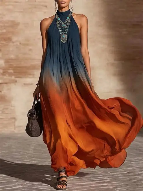 Robe longue halter Danoir Paris Paula avec dégradé, tissu fluide et style élégant, vue de face sur fond neutre.