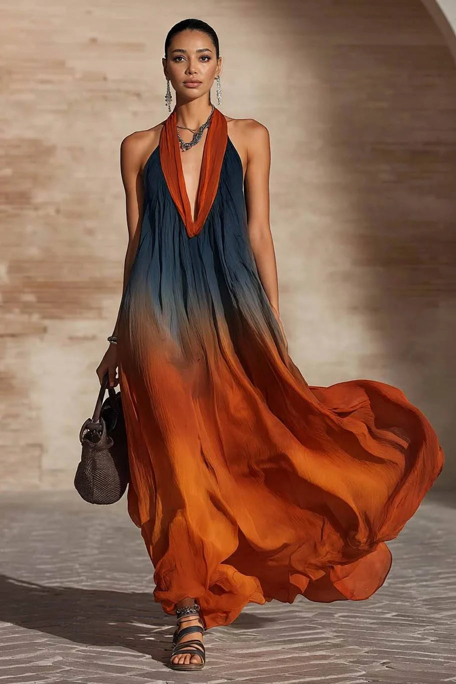 Robe longue halter Danoir Paris Paula avec dégradé, silhouette élégante, tissu fluide et design moderne pour femme.