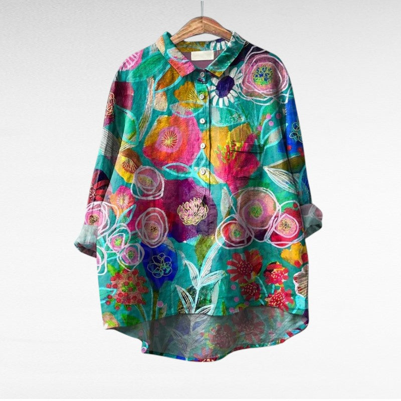 Blouse florale artistique Esmée de Danoir Paris avec imprimé coloré, manches longues et coupe élégante.
