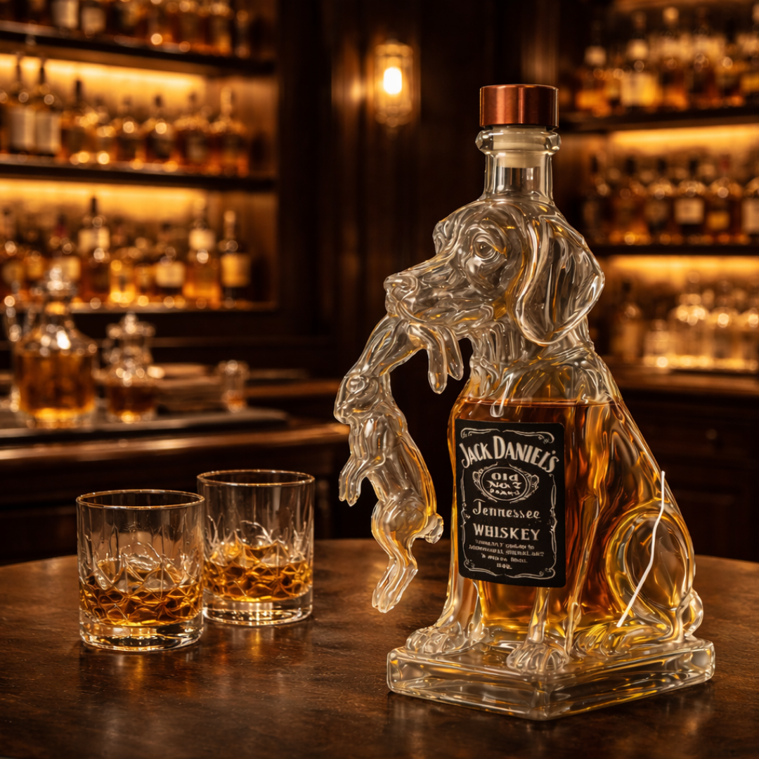 Carafe à whisky Danoir Paris Édition Canine avec motif chien, en verre transparent, pour servir le whisky avec style.