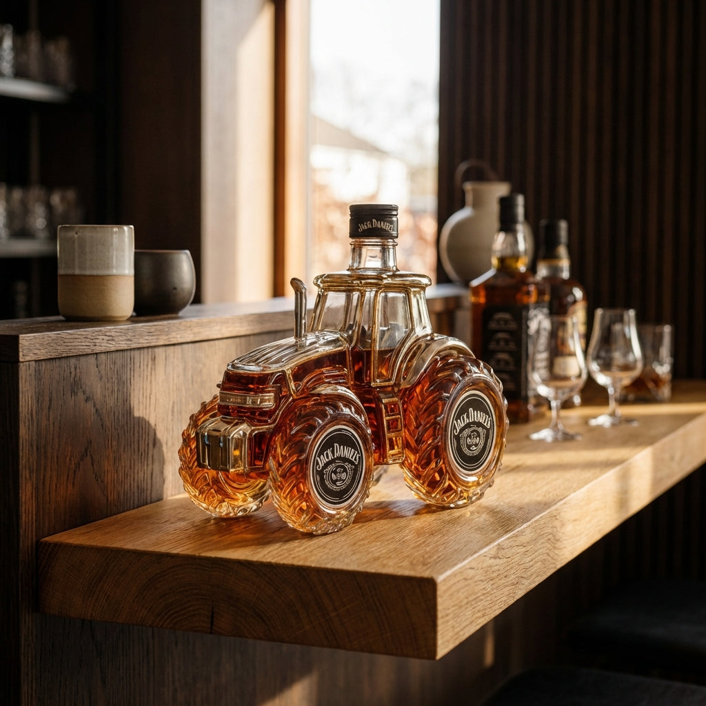 Carafe à whisky Danoir Paris Édition spéciale Traktor avec design unique, en verre transparent, pour whisky ou autres spiritueux.