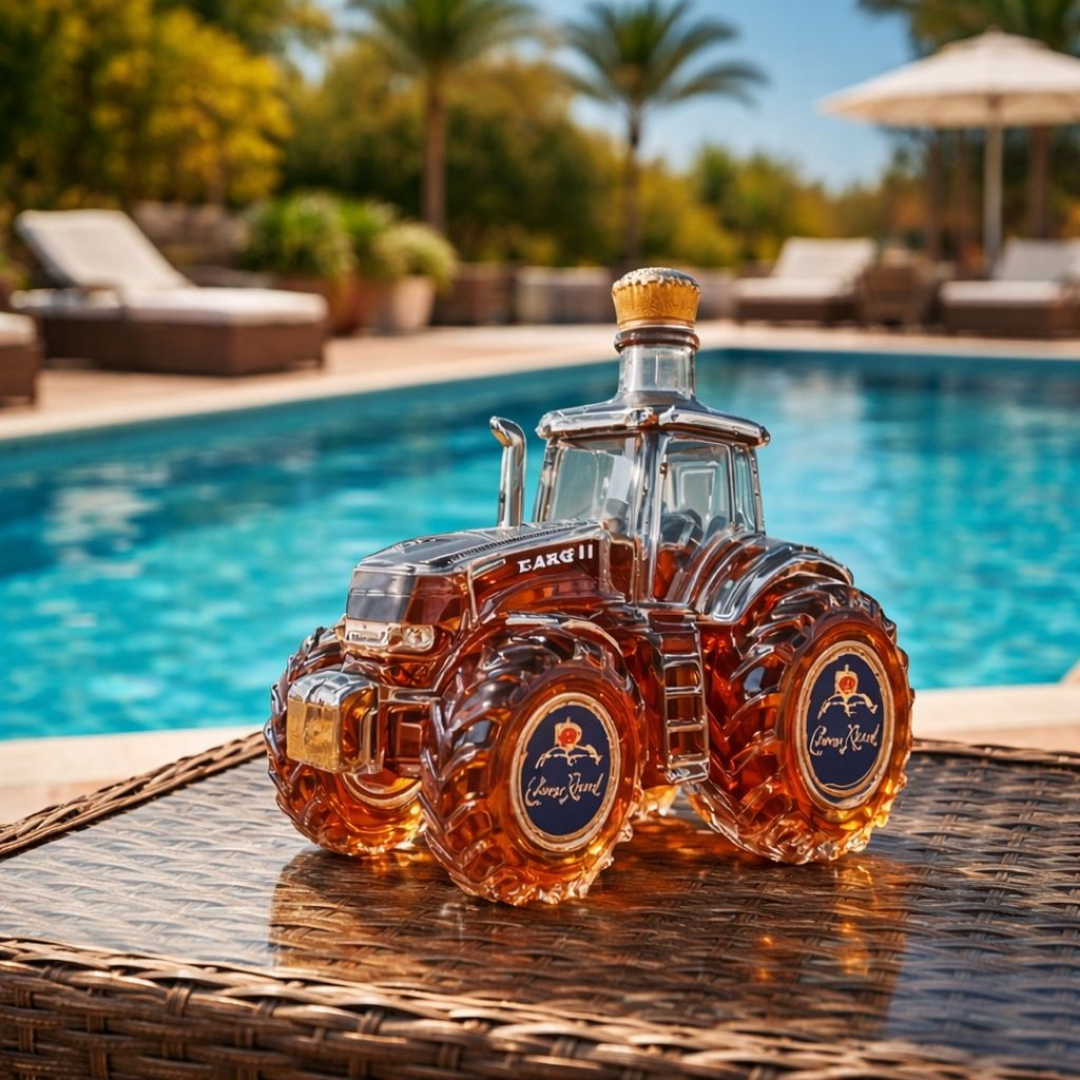 Carafe à whisky Danoir Paris Édition spéciale Traktor avec design unique, en verre transparent et bouchon en liège.