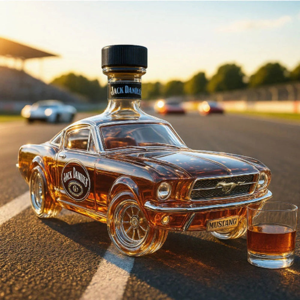 Carafe à whisky Danoir Paris Édition Mustang avec design inspiré de la Mustang, en verre transparent, pour la dégustation de whisky.