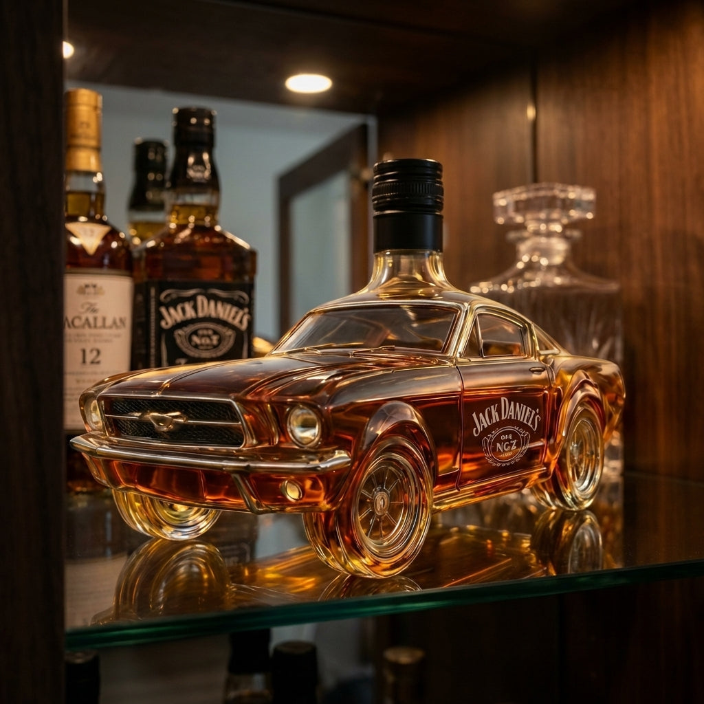 Carafe à whisky Danoir Paris Édition Mustang avec motif de cheval, en verre transparent, pour whisky ou spiritueux.