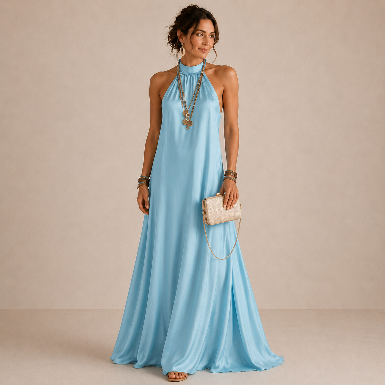 Robe maxi ALINA de Danoir Paris en tissu bleu clair, longueur longue et coupe fluide, parfait pour une tenue élégante.