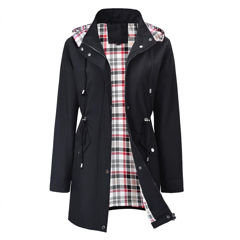 Veste de pluie 3-en-1 Carlotta de Danoir Paris, imperméable avec capuche amovible, veste noire pour femme.