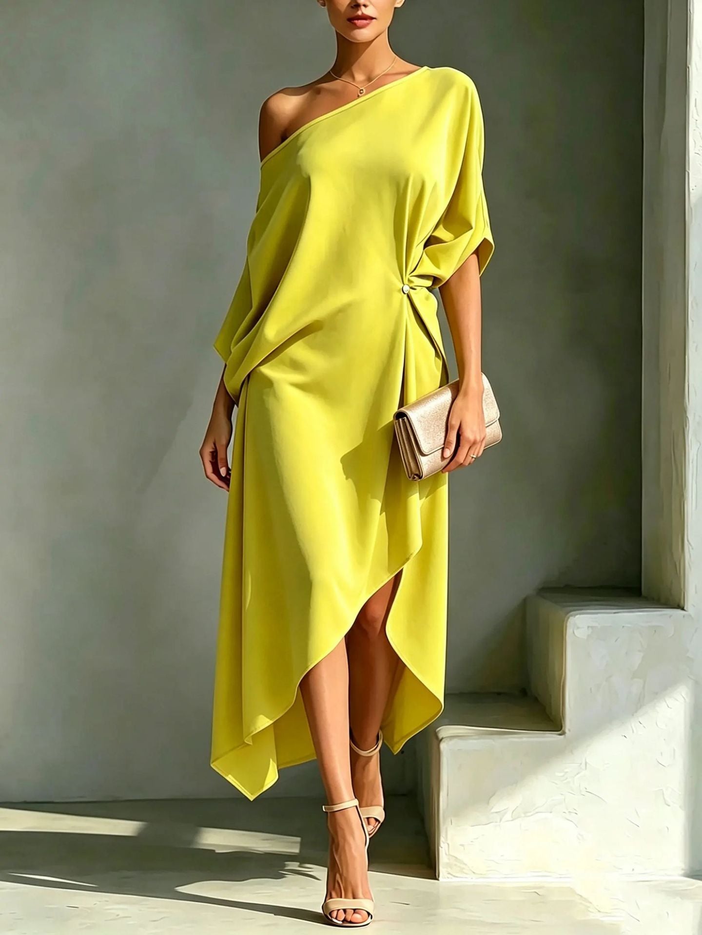 Robe élégante asymétrique Camila de Danoir Paris en tissu jaune, vue de face sur mannequin.