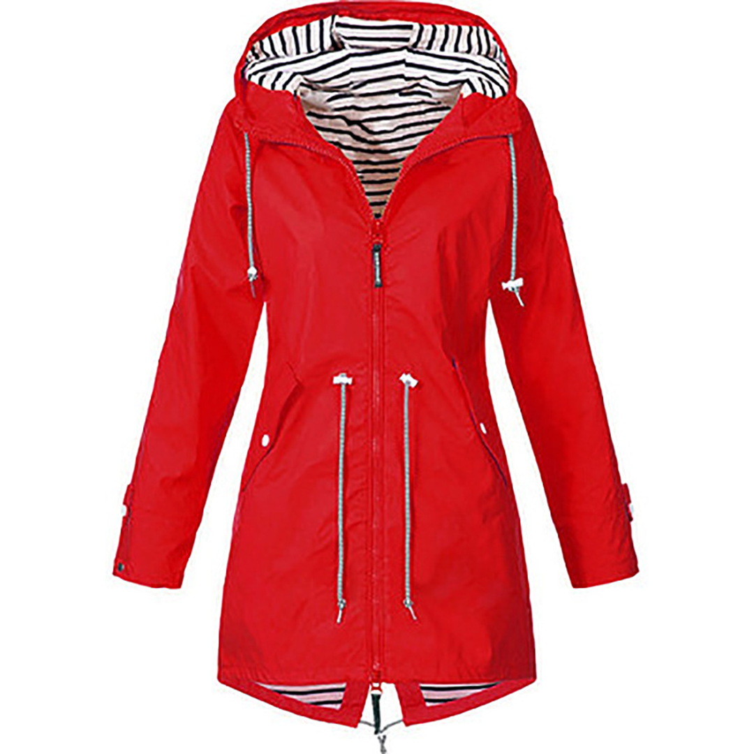Imperméable élégant Danoir Paris Glayda jaune, coupe confortable avec capuche, pour femme, vue de face.