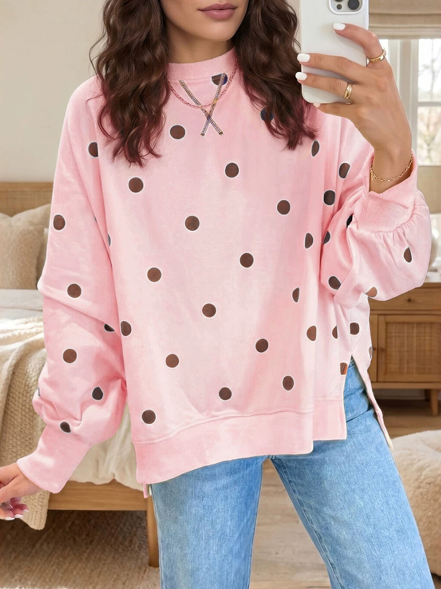 Sweatshirt chic Danoir Paris jaune soleil et bleu à pois, vêtement décontracté avec motifs à pois, vue de l'avant.