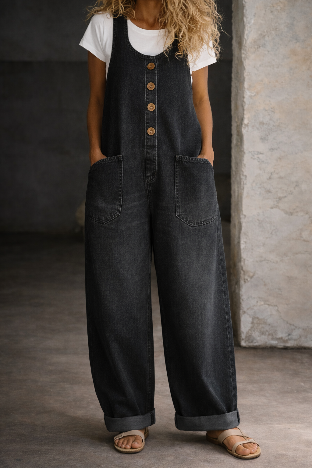 Jupe pantalon Danoir Paris Bethany en denim vintage lavé, coupe confortable, couleur noire, en coton délavé, style décontracté.