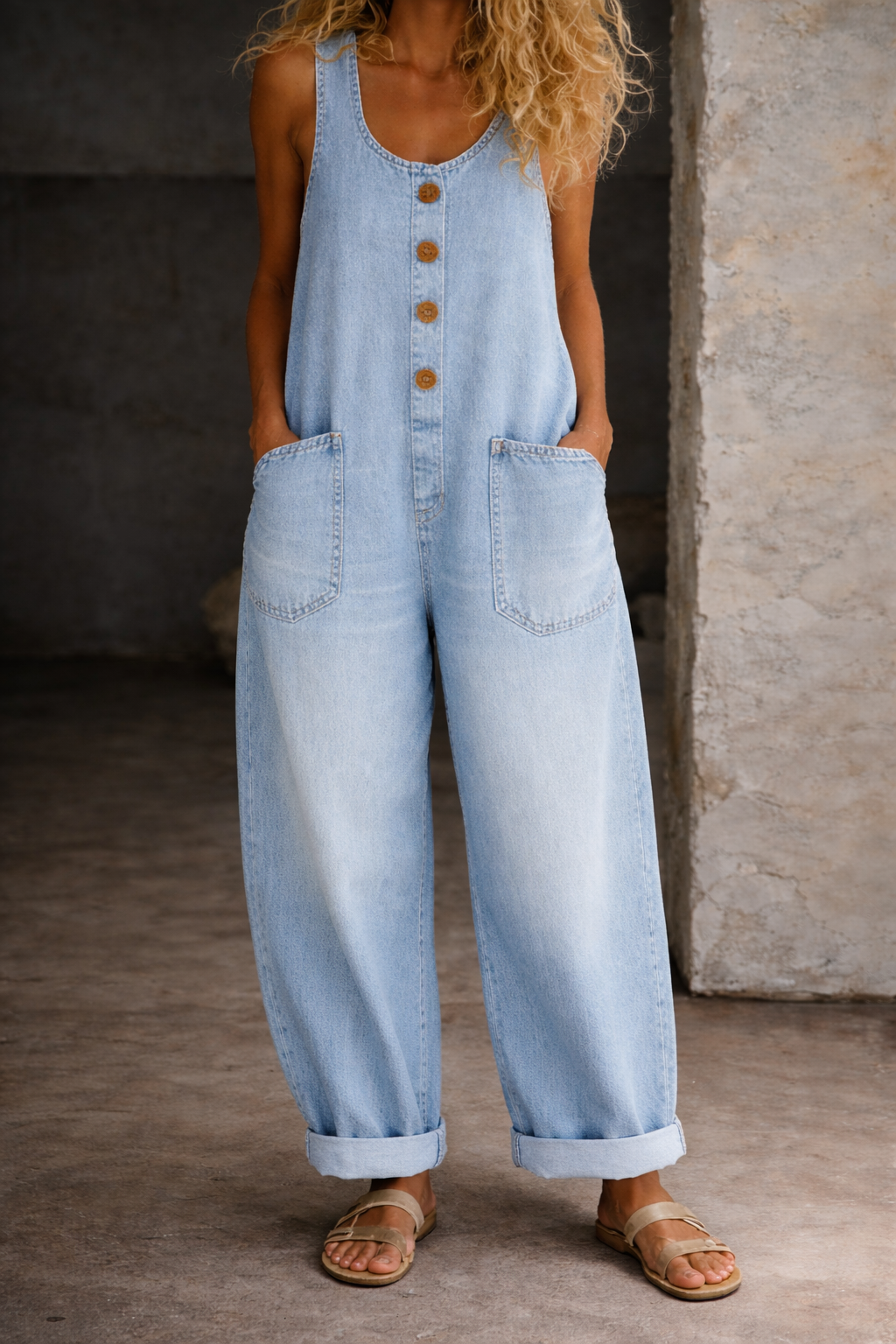 Combinaison en jean vintage délavé Danoir Paris Sadie, salopette en coton léger bleu clair, style décontracté et tendance.