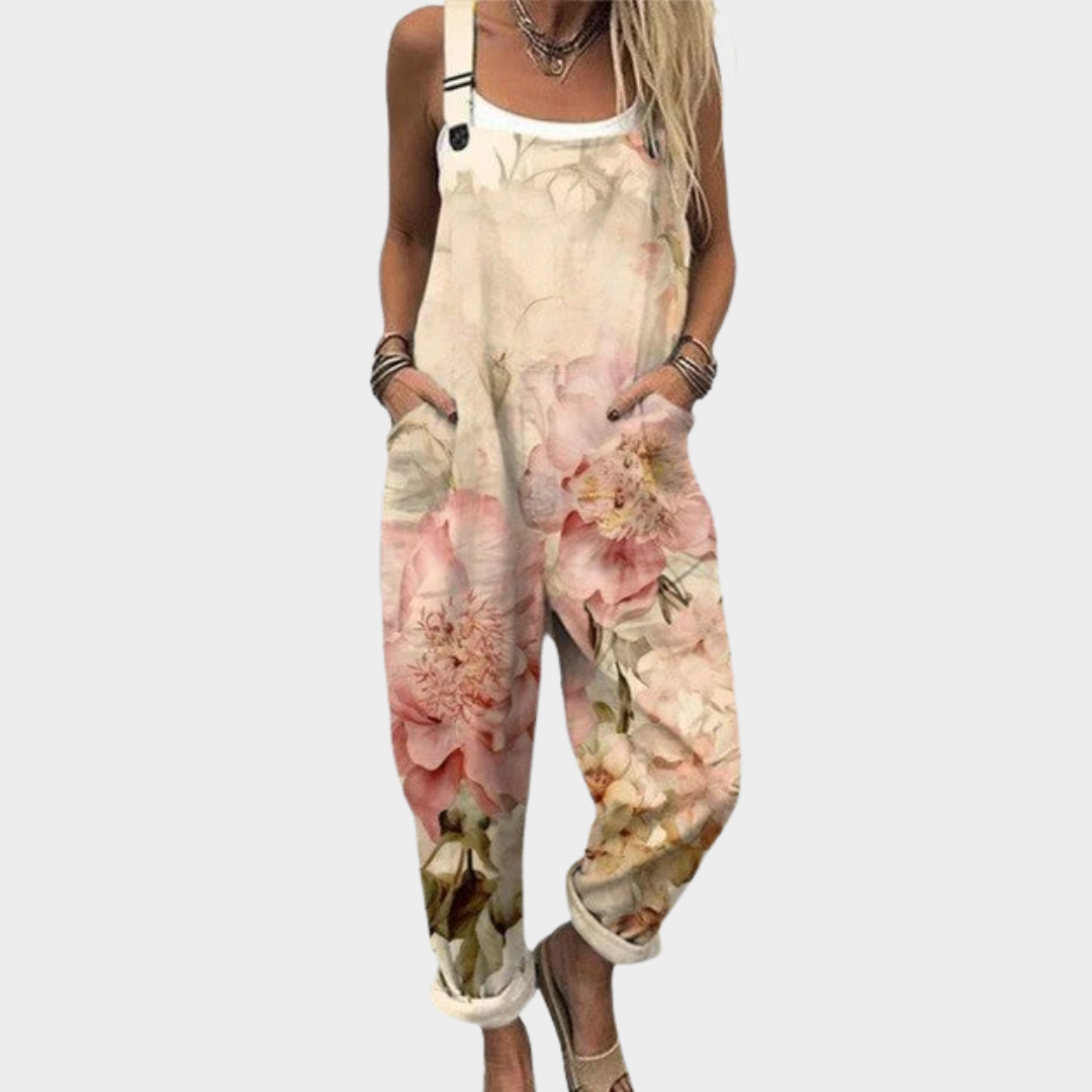 Salopette imprimée beige confortable de Danoir Paris, vêtement de type jumpsuit avec motif coloré.