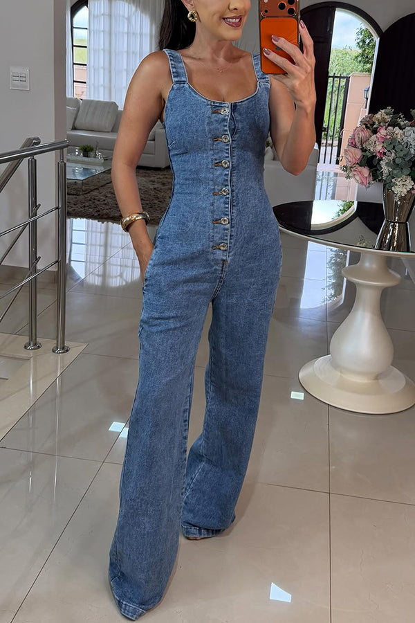 Combinaison en denim Heidi de Danoir Paris, vêtement bleu pour femmes, vue de face avec détails de couture.