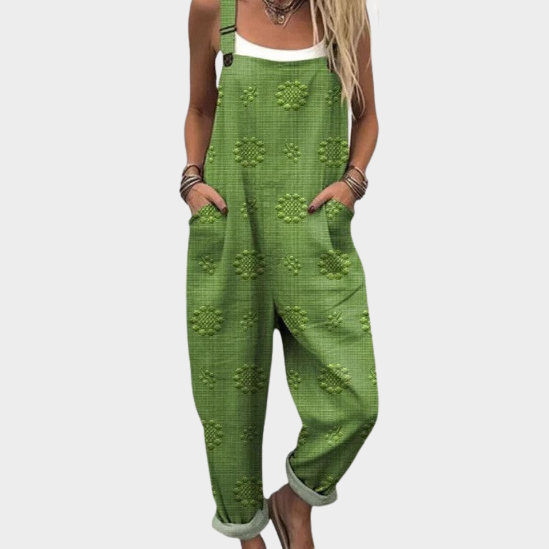 Salopette imprimée confortable de Danoir Paris, combinaison pantalon avec motif coloré et tissu doux, vue de face.