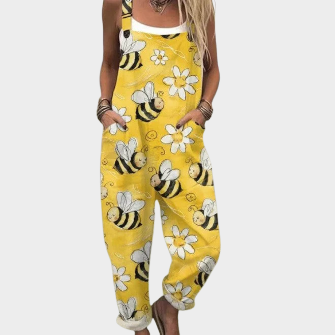 Salopette imprimée confortable de Danoir Paris, combinaison longue pour femme avec motif coloré et style décontracté.