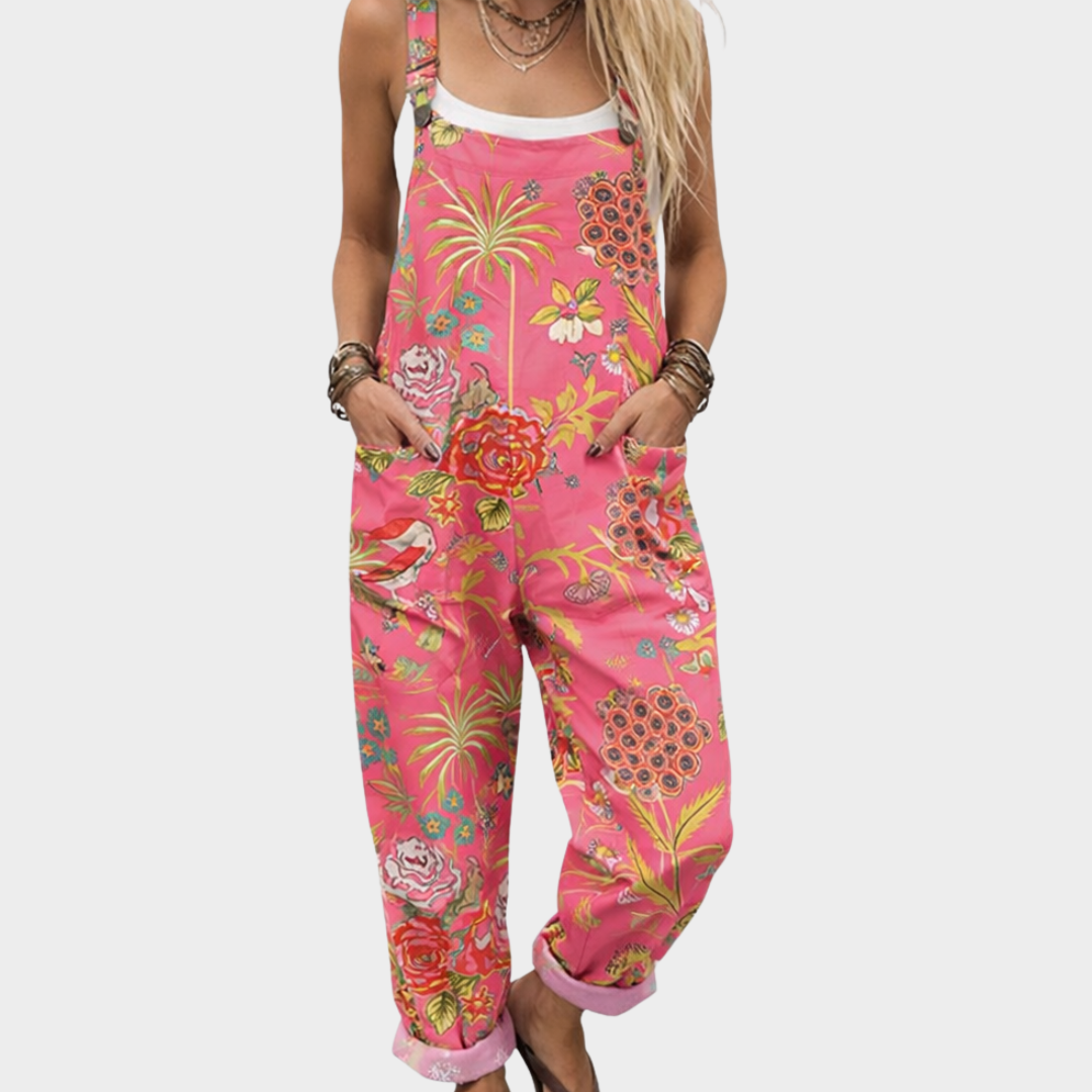 Salopette imprimée confortable de Danoir Paris, combinaison pantalon avec motif coloré, tissu doux et élégance décontractée.