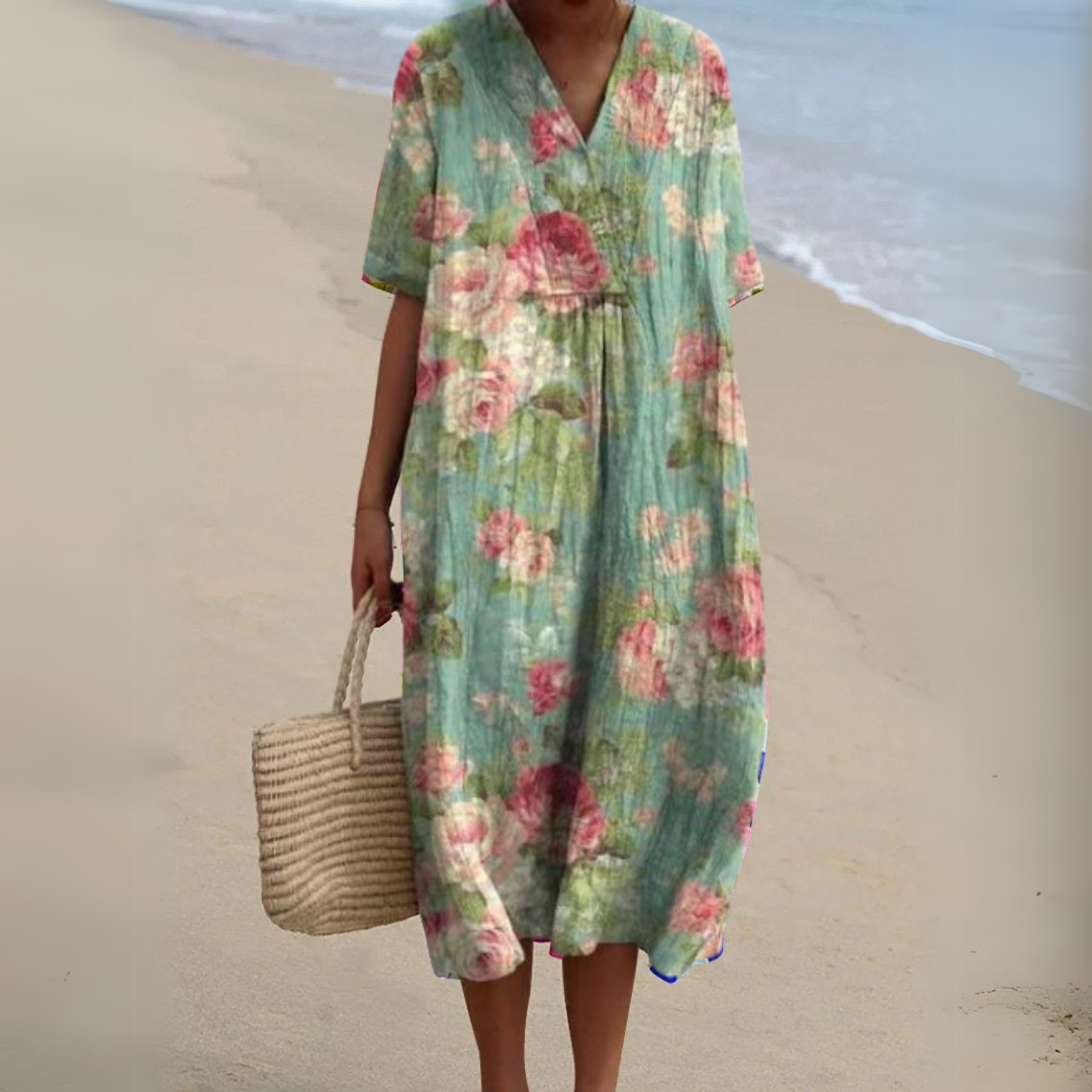 Robe fleurie élégante Nathalie par Danoir Paris, robe de soirée longue avec motif floral, vue de face.