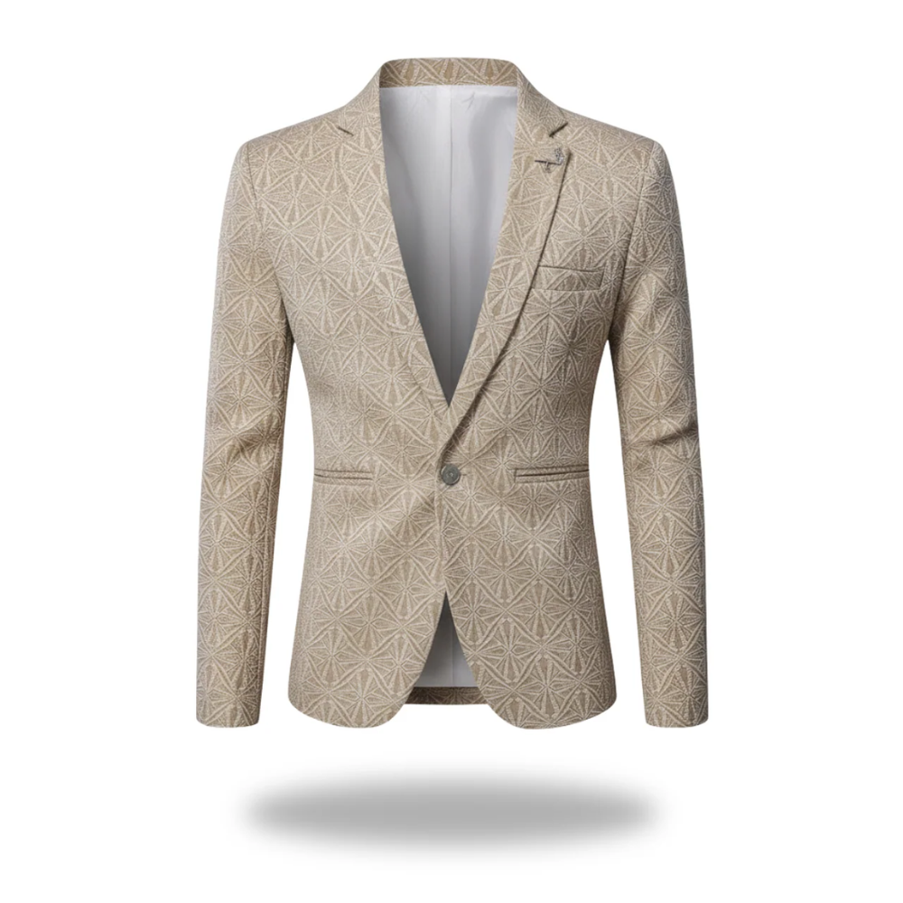 Blazer masculin tendance Danoir Paris en kaki, coupe élégante, porté sur un mannequin, détail des boutons et de la texture du tissu.