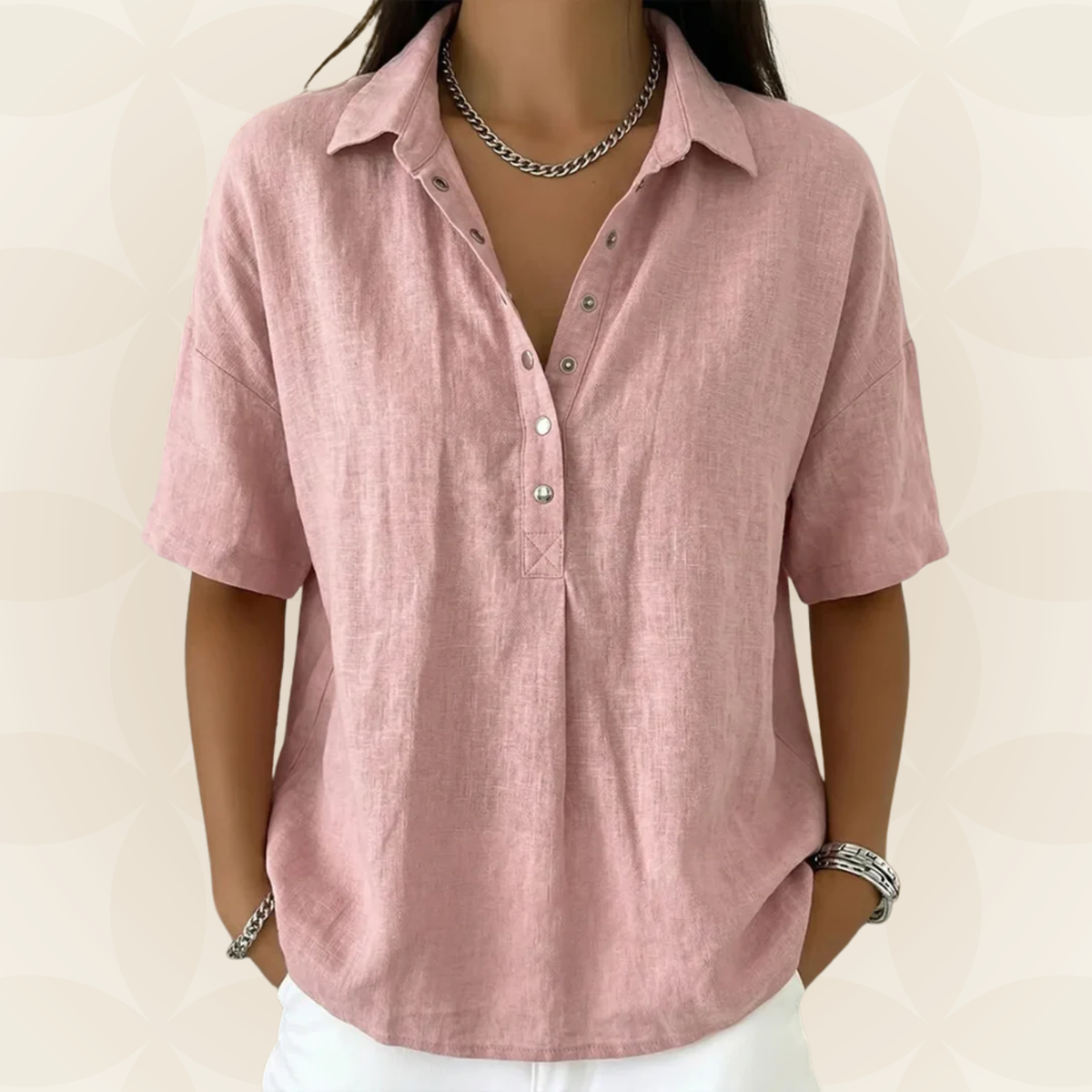 Blouse Sonja Danoir Paris kaki avec col et détails de boutons, tissu léger et élégant, pour un style chic et décontracté.