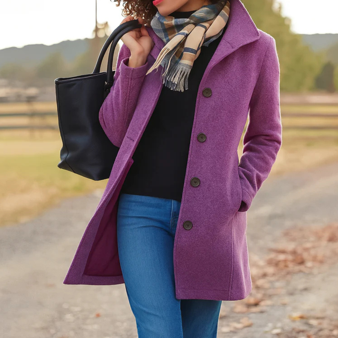 Manteau à un bouton Aurora de Danoir Paris en kaki, veste élégante pour femme, détail de bouton visible.